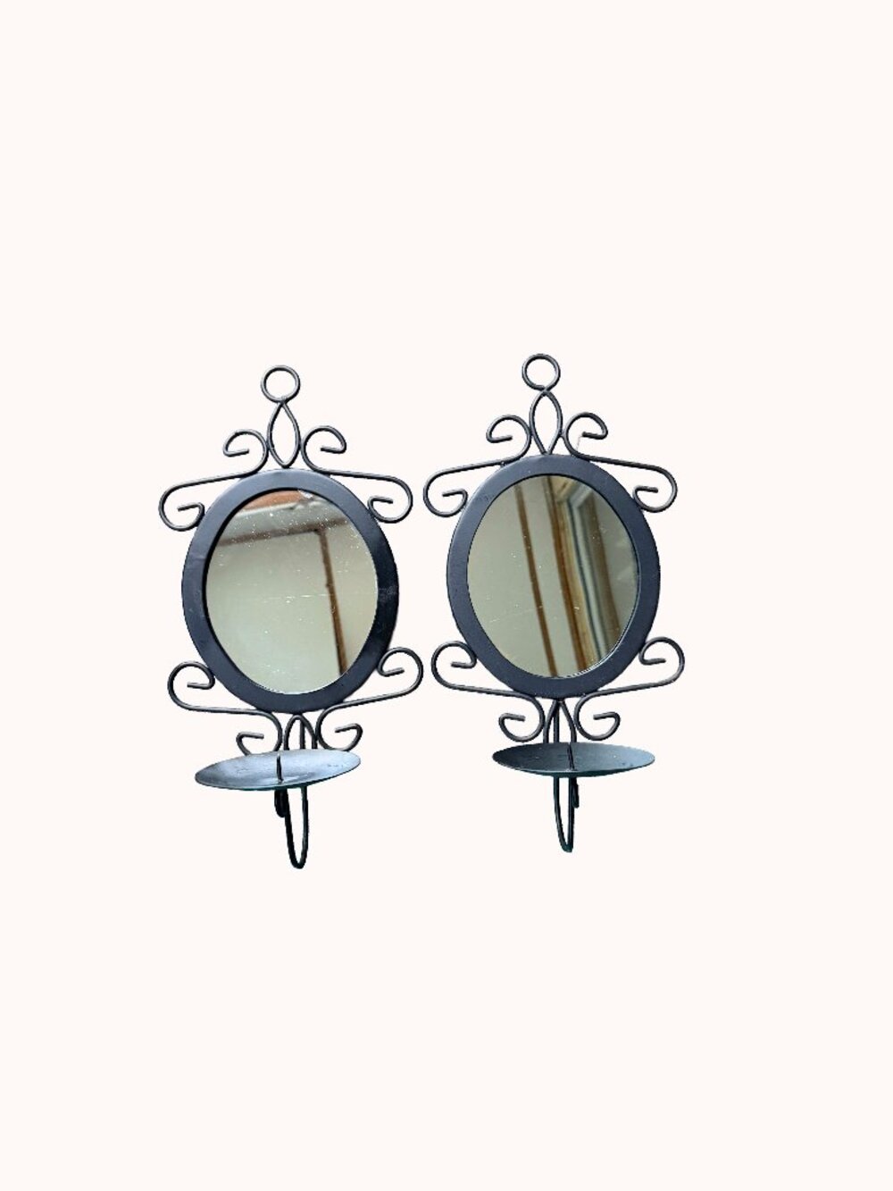 Vintage Wrought Iron Mirrored Wall Sconces Set of 2 Gothic Scroll Candle Holders